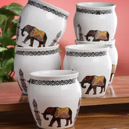 Arrabi White & Red Set Of 6 Dishwasher Safe Ceramic Glossy Kulladhs Set 220 ml Each image 1