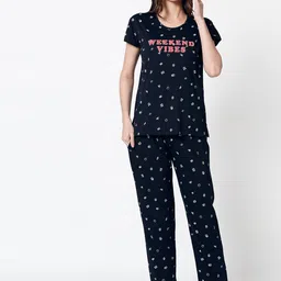 Zeyo Women Navy Blue & White Printed Pure Cotton Night suit-57