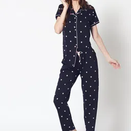 Zeyo Women Navy Blue & Pink Pure Cotton Plus Size Printed Night Suit-picture-26