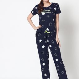 Zeyo Women Navy Blue & White Printed Pure Cotton Night suit-38