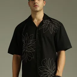 DENNISON Relaxed Fit Floral Embroidered Drop-Shoulder Sleeves Oversized Cotton Shirt-image-42