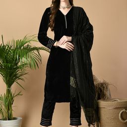 Sangria Black V-Neck Velvet Straight Kurta With Trousers With Dupatta-21