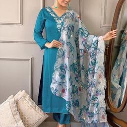 KALINI Floral Embroidered V-Neck Straight Kurta With Trouser And Dupatta-picture-54
