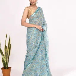Manu Designer Printed Mirror Work Pure Chiffon Saree image 3