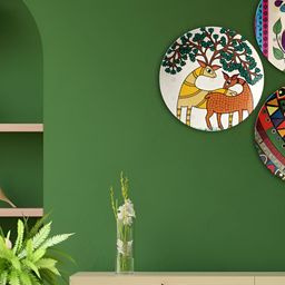 THE QUIRKY HOME 3-Pcs Green & Brown Indian Art Fiesta Printed Ceramic Wall Plates-12