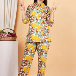 SHOPAXIS Floral Printed Shirt Collar Pure Cotton Relaxed Fit Tunic And Trousers-33