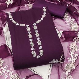 SHADOW & SAINING Floral Embroidered Bead & Stones Cotton Silk Semi-Stitched Dress Material-image-10