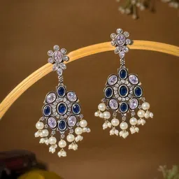 NAMAN ARTS Silver-Plated Artificial Stones and Beads Oxidised Contemporary Drop Earrings-3