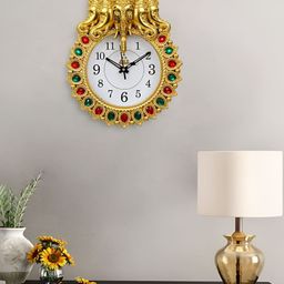 Webelkart Red & Green Stones Studded Traditional Ganesha Analogue Wall Clock-image-37