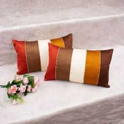 RoyalDeco Brown & White Set of 2 Striped Rectangle Cushion Covers-24