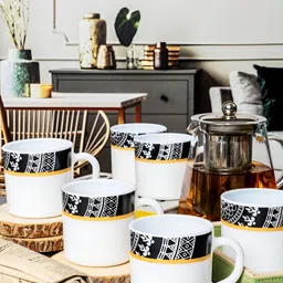 Cello White & Black Floral Printed Opalware Glossy Mugs Set of Cups and Mugs-18