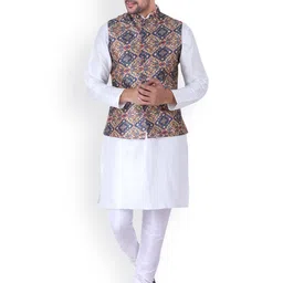 Sadree Mandarin Collar Dupion Silk Kurta And Churidar With Nehru Jacket Set-picture-1