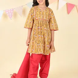 Fabindia Girls Floral Printed Pure Cotton A-Line Kurta With Salwar & Dupatta-picture-27