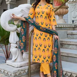 SZN Floral Printed V-Neck Straight Kurta With Trousers And Dupatta-picture-54