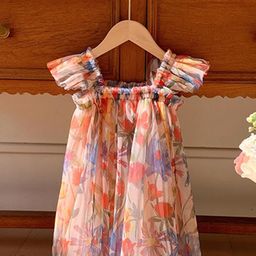LULU & SKY Girls Floral Printed Flutter Sleeves Square Neck Tulle A-Line Dress-image-63