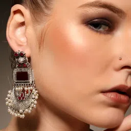 VENI 925 Silver-Plated Artificial Beaded Contemporary Oxidised Drop Earrings image 5