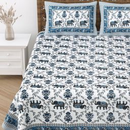 Desi Mantra White & Blue Floral 120 TC Queen Bedsheet with 2 Pillow Covers-image-65