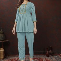 DIVASTRI Floral Embroidered Round Neck Gotta Patti Pure Cotton Top With Trousers-image-37