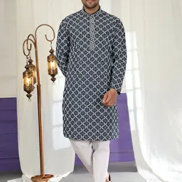 Pro-Ethic STYLE DEVELOPER Men Floral Embroidered Regular Sequinned Pure Cotton Kurta with Pyjamas image 1