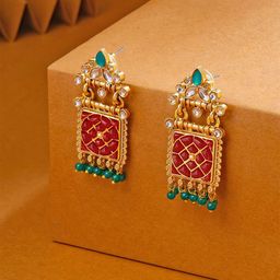 Yellow Chimes Gold Plated Artificial Stones Studded Contemporary Drop Earrings-64