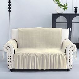 RUBOXA Cream-Coloured Solid Velvet 1 Piece Sofa Cover With Arms-11