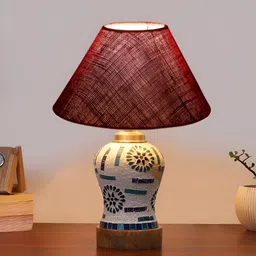 Devansh Maroon Printed Wood Frusturical Shaped Table Lamp-19