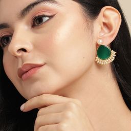 Anouk Gold Plated Artificial Stones Studded & Pearls Beaded Teardrop Shaped Drop Earrings-17