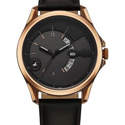 Fastrack Groove Men Brass Textured Dial & Leather Reset Time Analogue Watch 3323QL01-24