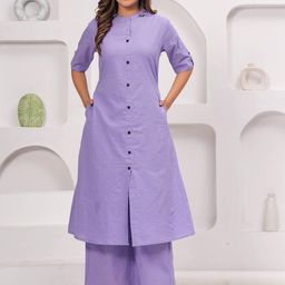 Angvarnika Striped Mandarin Collar Roll-Up Sleeves Pure Cotton A-Line Kurta With Palazzos-picture-22