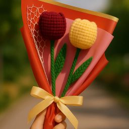 2-Tulip Crochet Bouquet – Wine Red & Yellow Wool Flowers for Gifting Multicolor Tulips Artificial Flower-image-7