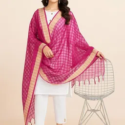 House of Pataudi Checked Banarasi Tasseled Dupatta-20