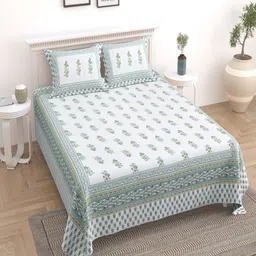 Bombay Spreads White & Green Printed Cotton 186 TC Double King Bedsheet Set 2.74m X 2.20m-image-49