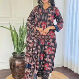 THE52 Abstract Printed V-Neck Pure Cotton Kurta With Trousers & Dupatta-14