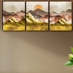 Aura Beige & Gold-Toned 3 Pieces Printed Wooden Wall Paintings-image-44