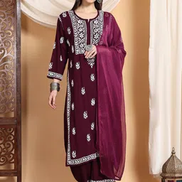 Poshak Chikan Studio Floral Embroidered Chikankari Straight Kurta With Palazzos & Dupatta-41