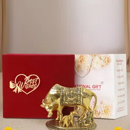 INTERNATIONAL GIFT Gold-Toned Kamdhenu Cow With Lord Krishna Religious Idol Showpiece-image-78