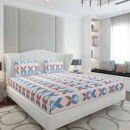 Monte Carlo Peach-Coloured & Blue Geometric Printed 120 TC Queen Bedsheet Set 2.5 x 2.3 m-picture-37