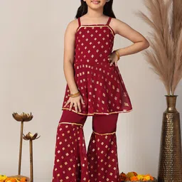 Sangria Girls Foil Printed A-Line Kurta & Sharara-image-37