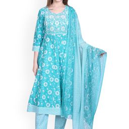 WOOL 4U Women Floral Printed Thread Work Kurta Set With Dupatta-image-41