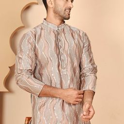 Jompers Floral Embroidered Mandarin Collar Mirror Work Silk Kurta With Dupatta-image-14