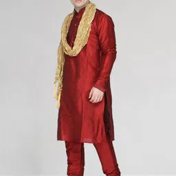 SKAVIJ Men Ethnic Motifs Regular Thread Work Dupion Silk Kurta with Churidar & With Dupatta image 5