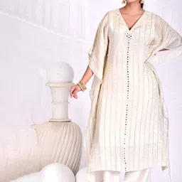 MAHUKAA Women Striped Regular Mirror Work Kurta with Trousers-image-9