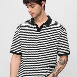 The Souled Store Men Striped Polo Collar Cotton Oversized T-shirt-39