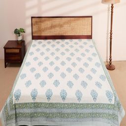 Fabindia Teal Blue Printed Cotton Double King Bed Cover-image-35