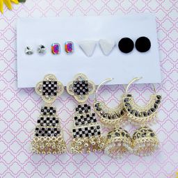 PRIVIU Set of 6 Gold Plated Stone Studded & Beaded Jhumkas and Studs-17