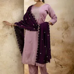 VredeVogel Ethnic Motifs Embroidered Round Neck Straight Kurta With Trousers And Dupatta-58