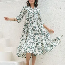 Rain & Rainbow Printed Tiered Fit & Flare Midi Dress-image-3