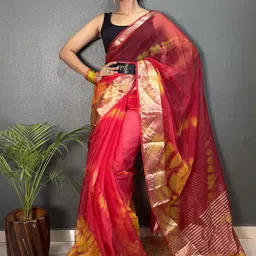 KALINI Tie and Dye Zari Organza Leheriya Saree-image-59
