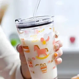 Elegant Glass Tumbler 400ml | With Lid & Straw | Leakproof | Reusable & Durable Glass Water/Juice Glass-image-1
