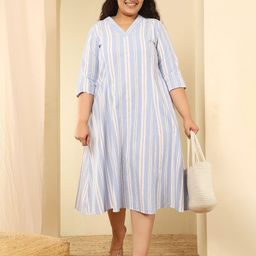 Amydus Women Plus Size Powder Blue Striped Cotton Fit & Flare Midi Dress-image-1